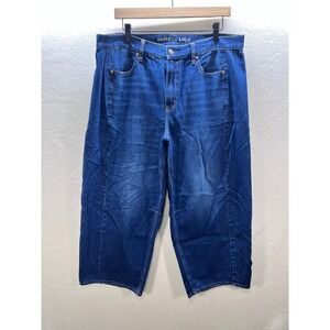 American Eagle Dreamy Drape Barrel Jeans Womens 14 Short Blue Denim Stretch 3134